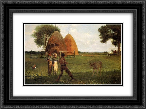 Weaning the Calf 24x18 Black Ornate Wood Framed Art Print Poster with Double Matting by Homer, Winslow