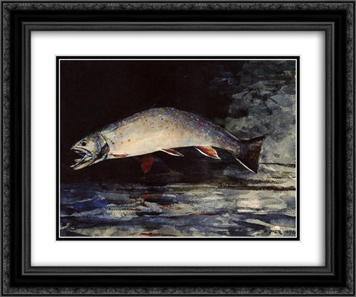 A Brook Trout 24x20 Black Ornate Wood Framed Art Print Poster with Double Matting by Homer, Winslow