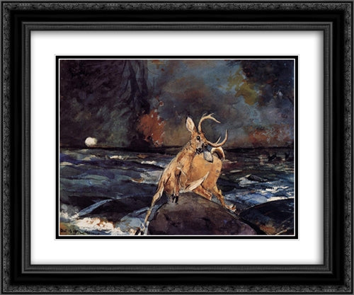 A Good Shot, Adirondacks 24x20 Black Ornate Wood Framed Art Print Poster with Double Matting by Homer, Winslow