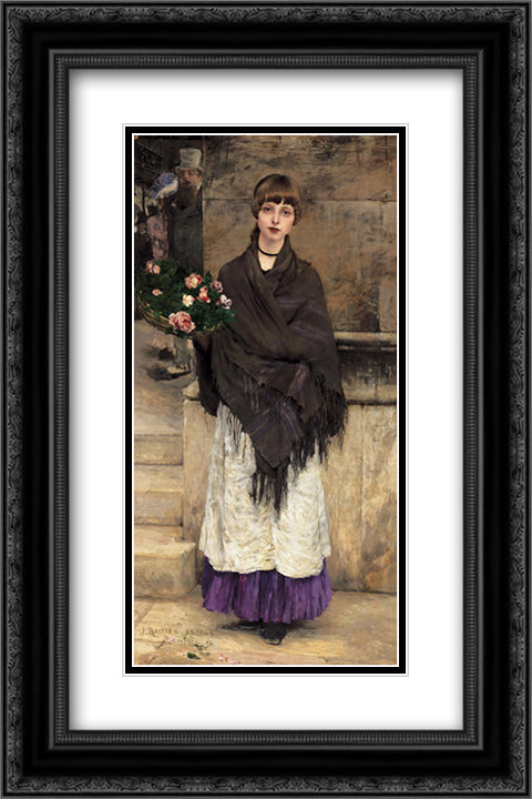 Marchande de Fleurs a Londre 16x24 Black Ornate Wood Framed Art Print Poster with Double Matting by Bastien Lepage, Jules