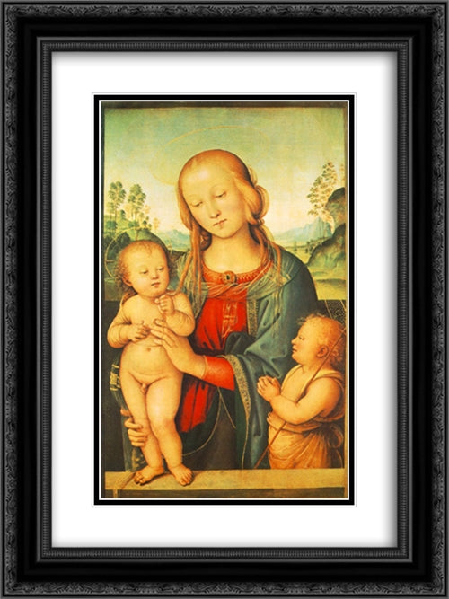 Madonna with Child and Little St John 18x24 Black Ornate Wood Framed Art Print Poster with Double Matting by Perugino, Pietro