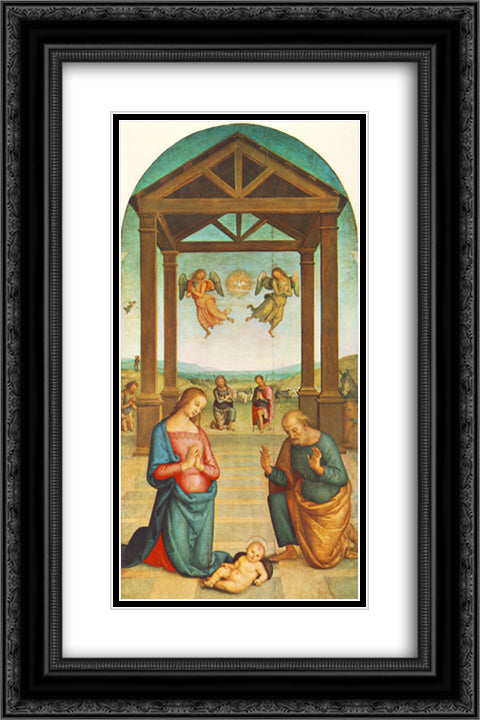 St Augustin Polyptych: The Presepio 16x24 Black Ornate Wood Framed Art Print Poster with Double Matting by Perugino, Pietro
