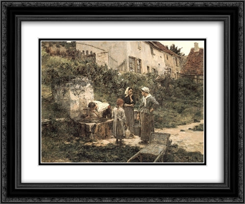 A la Fontaine 24x20 Black Ornate Wood Framed Art Print Poster with Double Matting by L'Hermitte, Leon Augustin