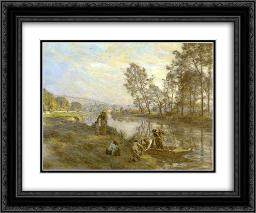 Figures by a Country Stream 24x20 Black Ornate Wood Framed Art Print Poster with Double Matting by L'Hermitte, Leon Augustin