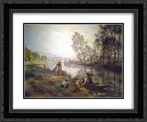 Figures by a Country Stream 24x20 Black Ornate Wood Framed Art Print Poster with Double Matting by L'Hermitte, Leon Augustin