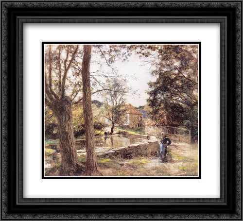 Le Lavoir pres de la Ferme d'Erlan (Pas'de'Calais) 22x20 Black Ornate Wood Framed Art Print Poster with Double Matting by L'Hermitte, Leon Augustin