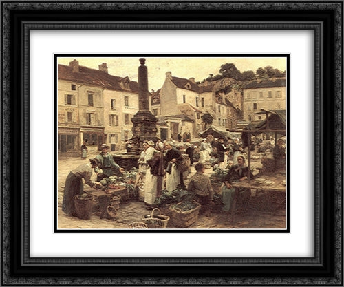 Le Marche de Chateau'Thierry 24x20 Black Ornate Wood Framed Art Print Poster with Double Matting by L'Hermitte, Leon Augustin