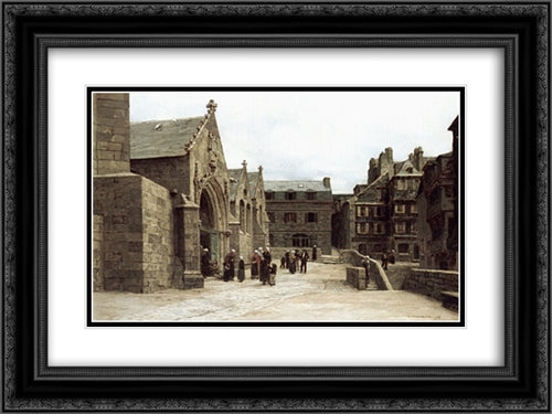 Sortie de l'eglise Saint'Melaine a Morlaix 24x18 Black Ornate Wood Framed Art Print Poster with Double Matting by L'Hermitte, Leon Augustin