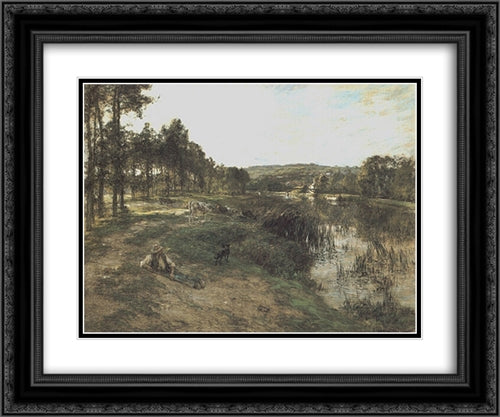 Troupeau au bord de l'eau 24x20 Black Ornate Wood Framed Art Print Poster with Double Matting by L'Hermitte, Leon Augustin