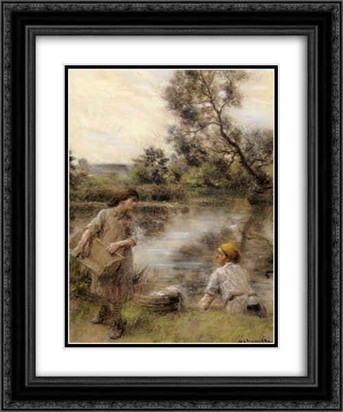 Laveuses bord de Marne ou Lavandiere et sa fille au bord de la riviere 20x24 Black Ornate Wood Framed Art Print Poster with Double Matting by L'Hermitte, Leon Augustin