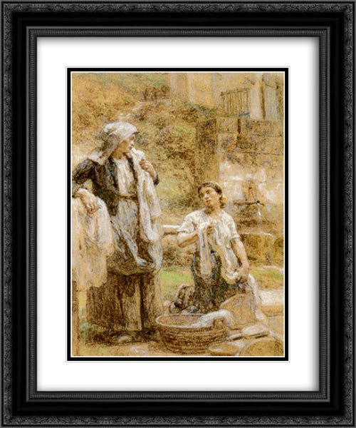 The Washerwomen 20x24 Black Ornate Wood Framed Art Print Poster with Double Matting by L'Hermitte, Leon Augustin