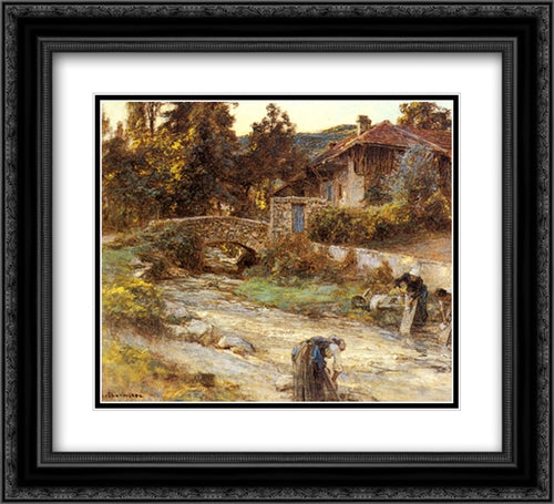 Washerwomen at a Stream with Buildings beyond 22x20 Black Ornate Wood Framed Art Print Poster with Double Matting by L'Hermitte, Leon Augustin