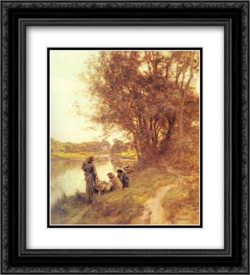 Les Pecheurs 20x22 Black Ornate Wood Framed Art Print Poster with Double Matting by L'Hermitte, Leon Augustin