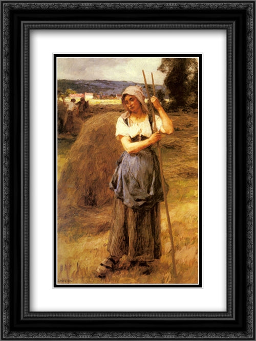 La Faneuse 18x24 Black Ornate Wood Framed Art Print Poster with Double Matting by L'Hermitte, Leon Augustin