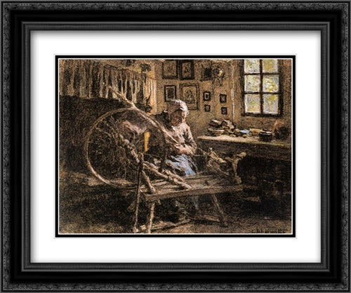 The Spinning Wheel 24x20 Black Ornate Wood Framed Art Print Poster with Double Matting by L'Hermitte, Leon Augustin