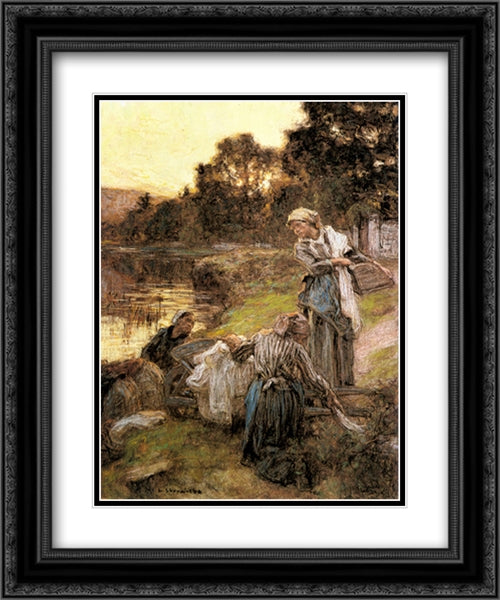 Le Laveuses au Bord de la Marne 20x24 Black Ornate Wood Framed Art Print Poster with Double Matting by L'Hermitte, Leon Augustin