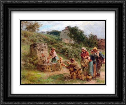 A la fontaine 24x20 Black Ornate Wood Framed Art Print Poster with Double Matting by L'Hermitte, Leon Augustin