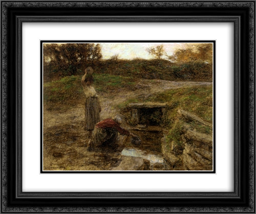 Femmes a la Fontaine 24x20 Black Ornate Wood Framed Art Print Poster with Double Matting by L'Hermitte, Leon Augustin