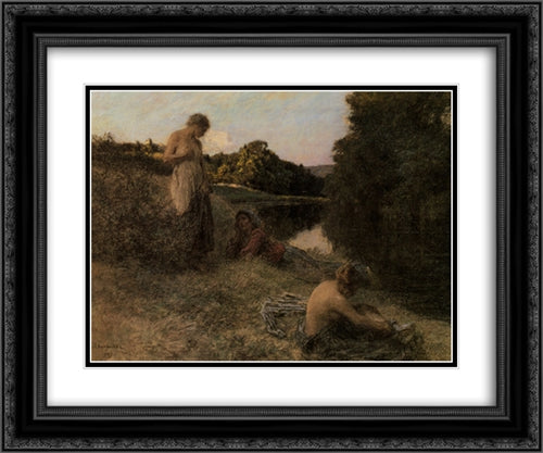 Les Grandes Baigneuses 24x20 Black Ornate Wood Framed Art Print Poster with Double Matting by L'Hermitte, Leon Augustin