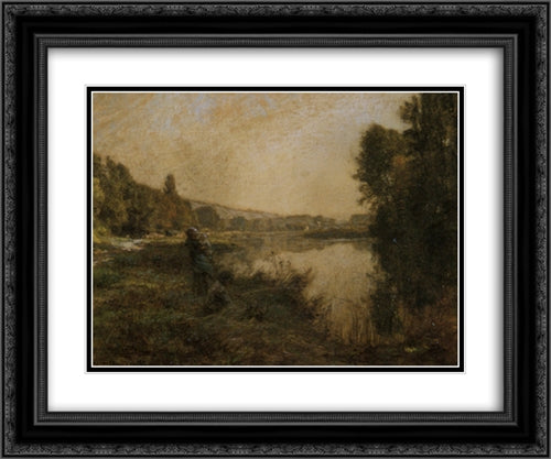 Fishing along a river 24x20 Black Ornate Wood Framed Art Print Poster with Double Matting by L'Hermitte, Leon Augustin