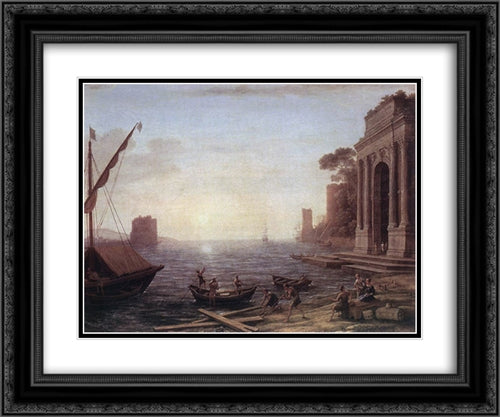 A Seaport at Sunrise 24x20 Black Ornate Wood Framed Art Print Poster with Double Matting by Lorrain, Claude