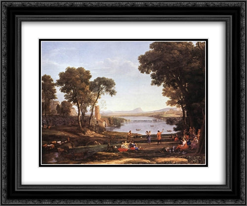 Landscape with Dancing Figures 24x20 Black Ornate Wood Framed Art Print Poster with Double Matting by Lorrain, Claude