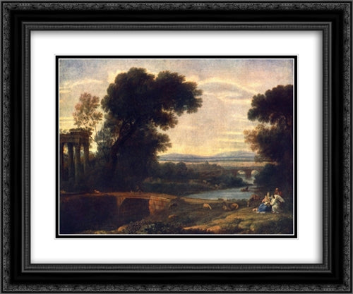 Landscape with Shepherds 24x20 Black Ornate Wood Framed Art Print Poster with Double Matting by Lorrain, Claude