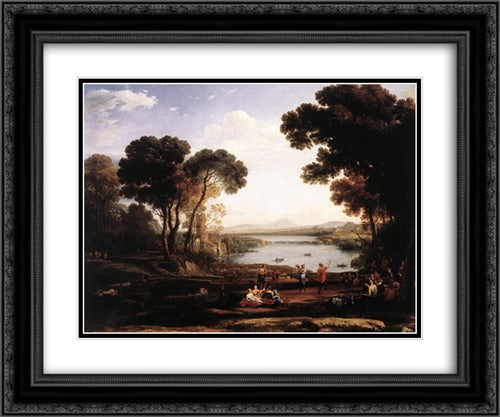 Landscape with Dancing Figures (The Mill) 24x20 Black Ornate Wood Framed Art Print Poster with Double Matting by Lorrain, Claude