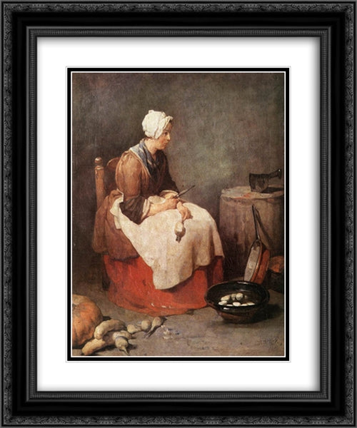 Girl Peeling Vegetables 20x24 Black Ornate Wood Framed Art Print Poster with Double Matting by Chardin, Jean Baptiste Simeon