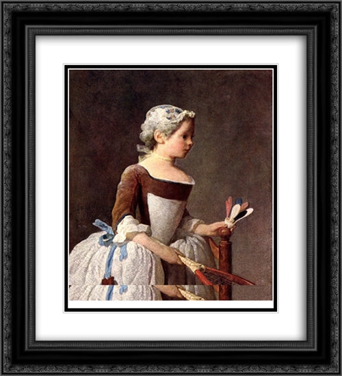 Girl with a featherball racket 20x22 Black Ornate Wood Framed Art Print Poster with Double Matting by Chardin, Jean Baptiste Simeon