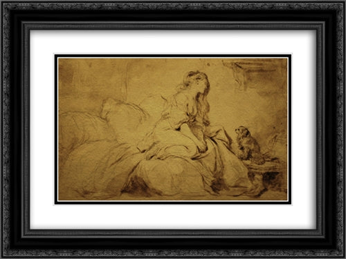 Oh! If he were only as faithful to me 24x18 Black Ornate Wood Framed Art Print Poster with Double Matting by Chardin, Jean Baptiste Simeon