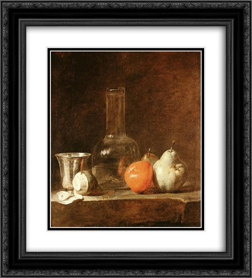 Still Life with Carafe, Silver Goblet and Fruit 20x22 Black Ornate Wood Framed Art Print Poster with Double Matting by Chardin, Jean Baptiste Simeon