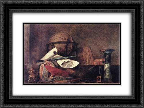 The Attributes of Science 24x18 Black Ornate Wood Framed Art Print Poster with Double Matting by Chardin, Jean Baptiste Simeon