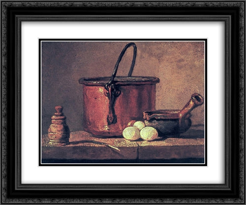 Still Life with Copper Cauldron and Eggs 24x20 Black Ornate Wood Framed Art Print Poster with Double Matting by Chardin, Jean Baptiste Simeon