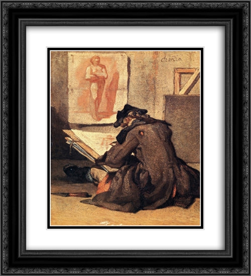 The Student Drawing 20x22 Black Ornate Wood Framed Art Print Poster with Double Matting by Chardin, Jean Baptiste Simeon