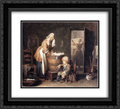 The Laundress 22x20 Black Ornate Wood Framed Art Print Poster with Double Matting by Chardin, Jean Baptiste Simeon