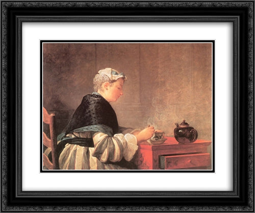 Lady Taking Tea 24x20 Black Ornate Wood Framed Art Print Poster with Double Matting by Chardin, Jean Baptiste Simeon