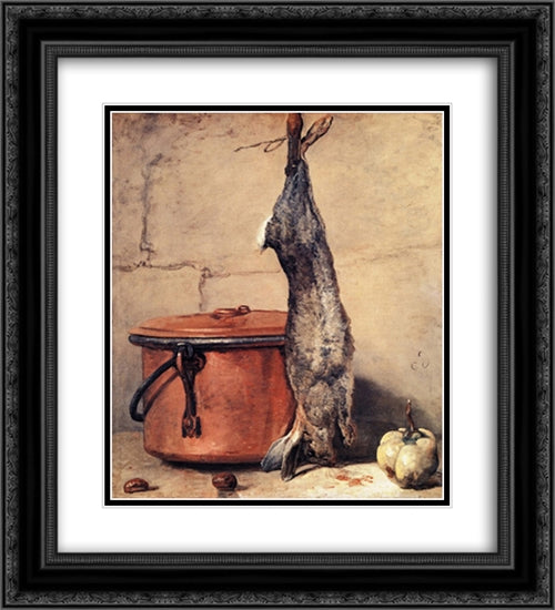 Rabbit, Copper Cauldron and Quince 20x22 Black Ornate Wood Framed Art Print Poster with Double Matting by Chardin, Jean Baptiste Simeon