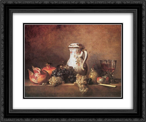 Still Life with Grapes and Pomegranates 24x20 Black Ornate Wood Framed Art Print Poster with Double Matting by Chardin, Jean Baptiste Simeon