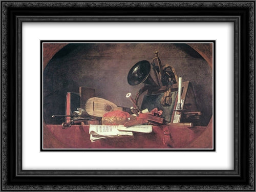 The Attributes of Music 24x18 Black Ornate Wood Framed Art Print Poster with Double Matting by Chardin, Jean Baptiste Simeon