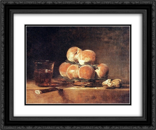 A Basket of Peaches 24x20 Black Ornate Wood Framed Art Print Poster with Double Matting by Chardin, Jean Baptiste Simeon