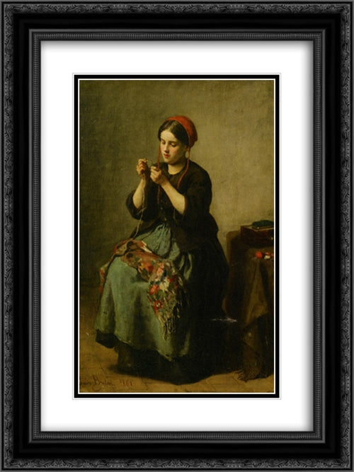 Peasant Woman Threading a Needle 18x24 Black Ornate Wood Framed Art Print Poster with Double Matting by Breton, Jules