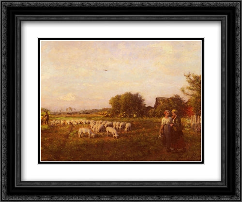 La Bergere 24x20 Black Ornate Wood Framed Art Print Poster with Double Matting by Breton, Jules