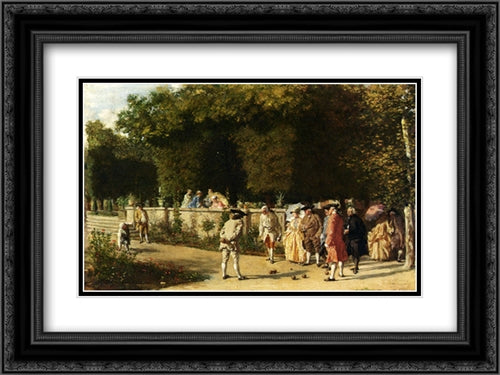 Playing Jeu De Boules 24x18 Black Ornate Wood Framed Art Print Poster with Double Matting by Meissonier, Ernest