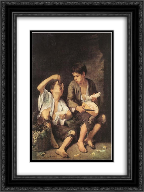 Boys Eating Fruit (Grape and Melon Eaters) 18x24 Black Ornate Wood Framed Art Print Poster with Double Matting by Murillo, Bartolome Esteban