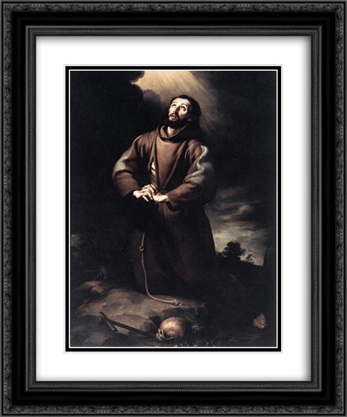 St Francis of Assisi at Prayer 20x24 Black Ornate Wood Framed Art Print Poster with Double Matting by Murillo, Bartolome Esteban