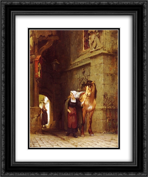 Leading the Horse from Stable 20x24 Black Ornate Wood Framed Art Print Poster with Double Matting by Bridgman, Frederick Arthur