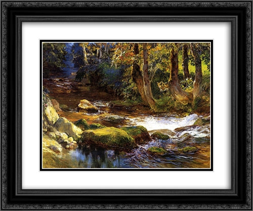 River Landscape with Deer 24x20 Black Ornate Wood Framed Art Print Poster with Double Matting by Bridgman, Frederick Arthur
