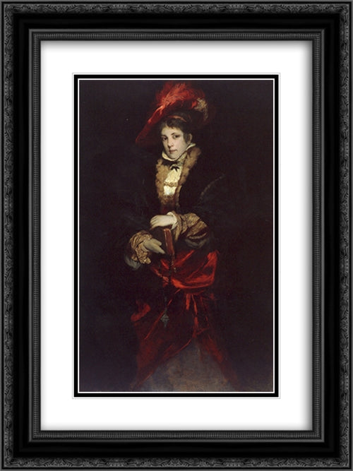 Portrait of a Lady with Red Plumed Hat 18x24 Black Ornate Wood Framed Art Print Poster with Double Matting by Makart, Hans