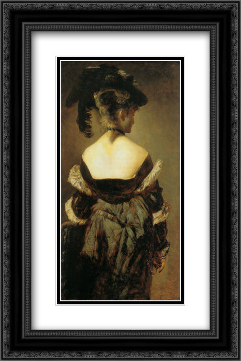 Lady with Feather Hat from Behind 16x24 Black Ornate Wood Framed Art Print Poster with Double Matting by Makart, Hans